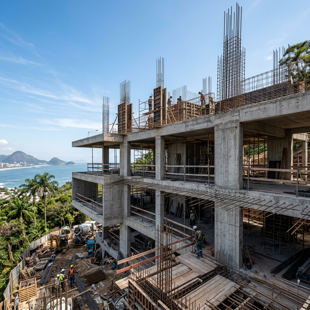 Projeto estrutural em concreto armado para residências em Imperatriz, Maranhão — pilares e vigas aparentes.